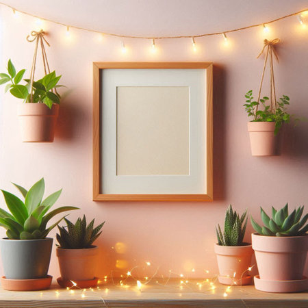 Interior of modern living room with empty frame, potted plants and garland lightsの写真素材