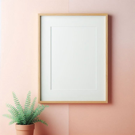 Wooden frame mockup with plant in pot on pink wall background