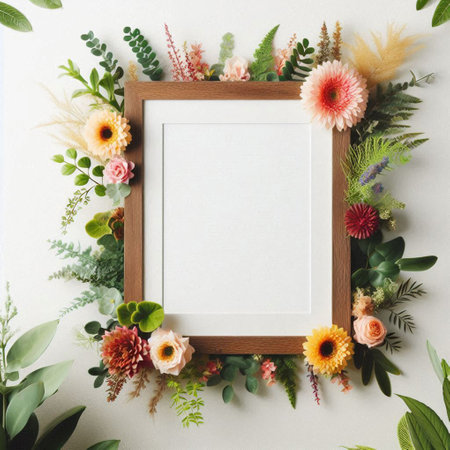 Flowers composition. Frame mockup on white background. Flat lay, top view, copy spaceの写真素材