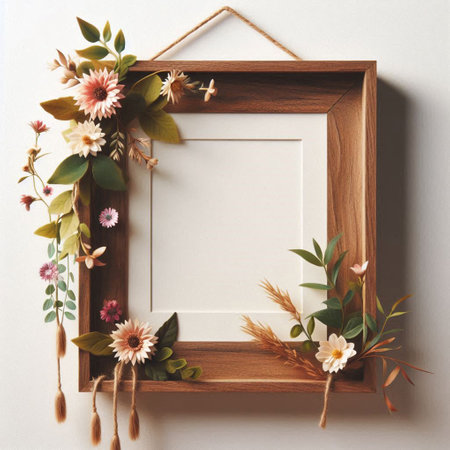 Creative layout made of wooden frame and flowers. Flat lay.の写真素材