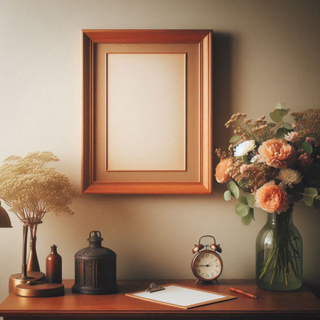 Mockup poster frame, alarm clock, notebook and vase with flowers on wooden table. 3d render