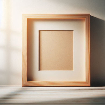 Blank picture frame mockup on wooden table. 3d renderingの写真素材
