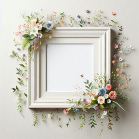 Vintage frame with flowers and leaves on white background. Flat lay.