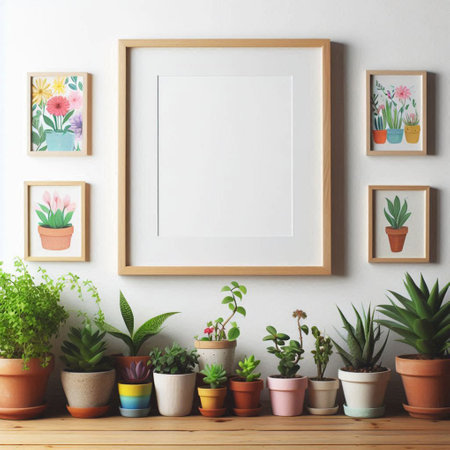 Interior of modern living room with mock up poster frame, plants and decorationsの写真素材