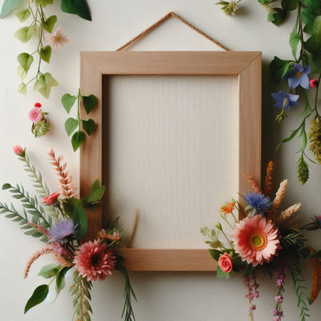 Flower arrangement with wooden frame on white wall background. Flat lay, top viewの写真素材