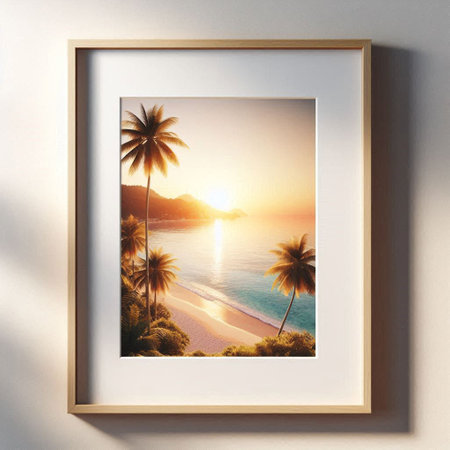 Palm tree and sea in frame on white wall. 3d renderの写真素材
