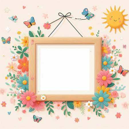 Blank frame with flowers and butterflies on a light background. Vector illustration.の写真素材