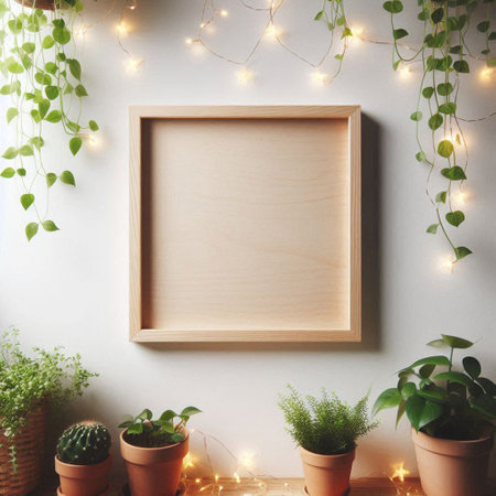 Blank wooden frame mockup on white wall with home plants.