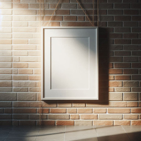 Blank picture frame hanging on brick wall. 3D Rendering