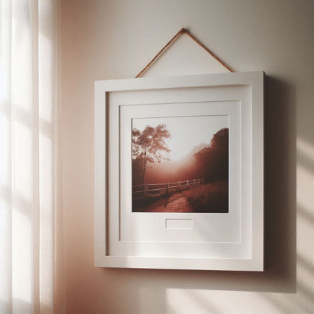 Wooden photo frame hanging on the wall in a room with sunlight