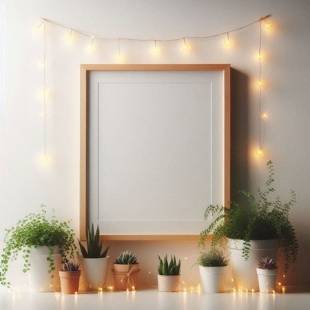 Blank picture frame mockup in interior with home plants. 3d renderingの写真素材