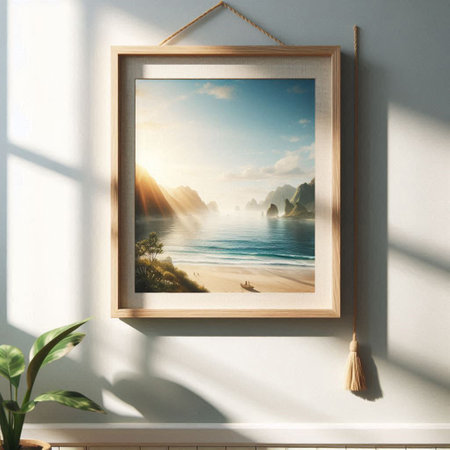 3d render of a picture frame hanging on a white wall with a view of the sea