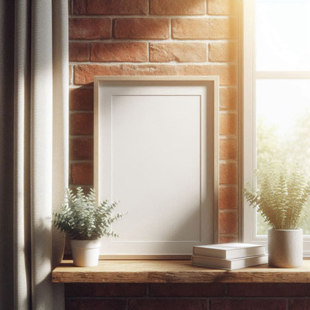 Mock up poster frame in interior with brick wall, books and plant. 3d render