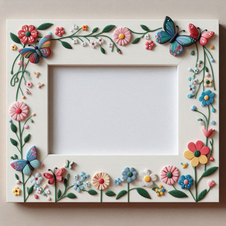 Frame with flowers and butterflies on a beige background. Top view.