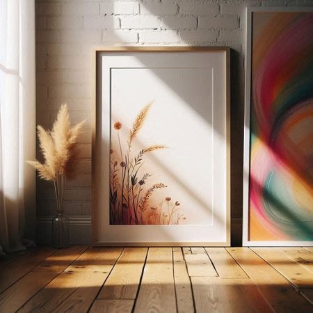 Wooden picture frame on a white wall with a view of the mountain