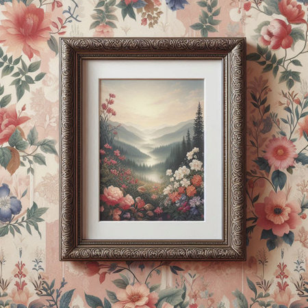 Picture frame on the background of a vintage wallpaper with flowers and plants