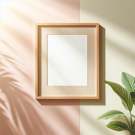 Wooden frame mockup with tropical leaves shadows. 3d rendering