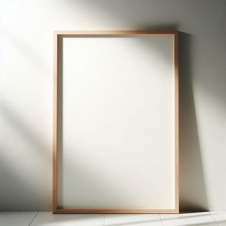Blank wooden picture frame on the wall. 3d render.