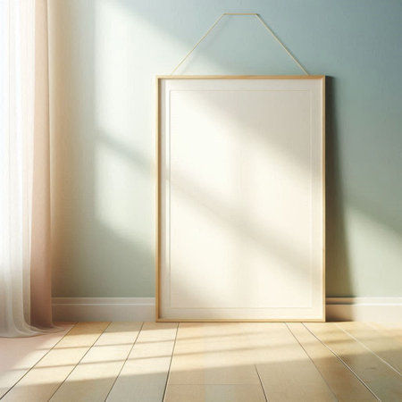Blank picture frame hanging on the wall. 3d render.