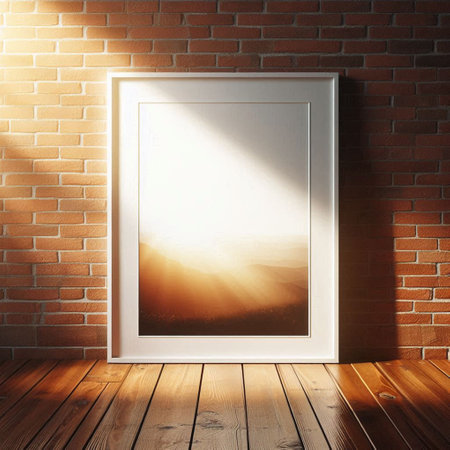 Blank picture frame on brick wall background. 3D Rendering