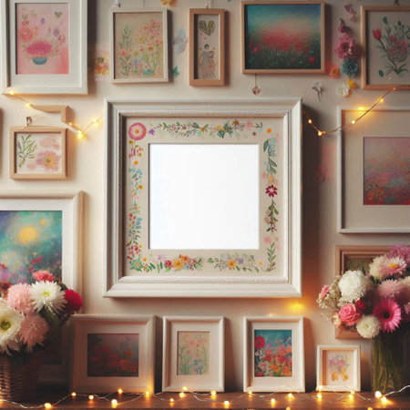Blank picture frame in room decorated with flowers and garland lightsの写真素材