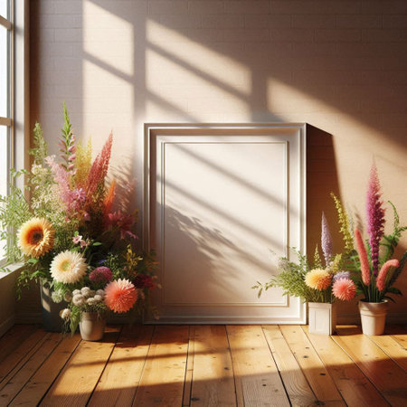 Blank picture frame mockup in interior with flowers. 3D renderingの写真素材