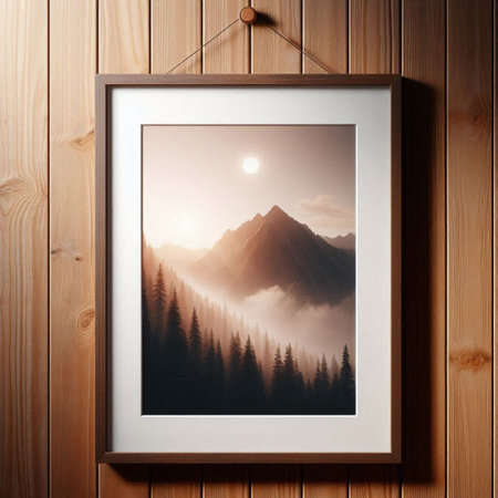 Picture frame hanging on wooden wall with mountains in the background. 3d rendering