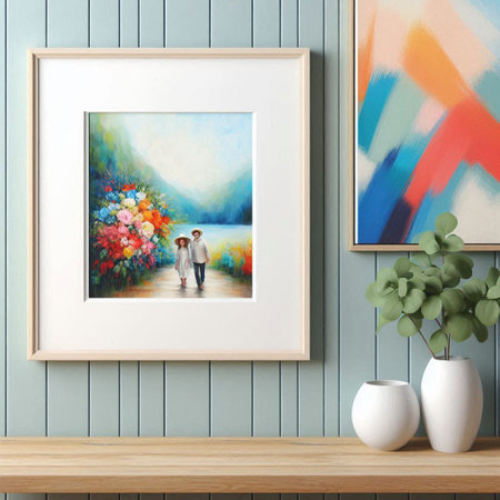 Wooden shelf in modern living room with picture frame on the wall.