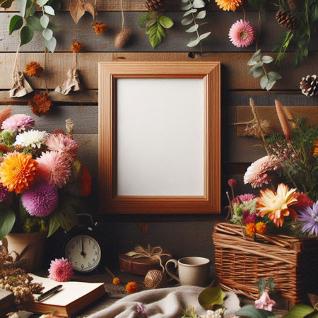Blank photo frame mockup with autumn flowers on rustic wooden background.の写真素材