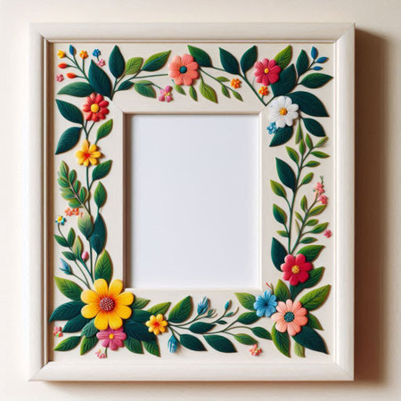 Wooden photo frame with flowers and leaves on a white wall.の写真素材
