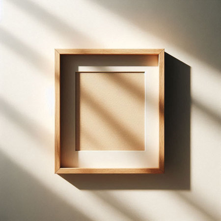 Wooden photo frame on a white wall with shadow from the windowの写真素材
