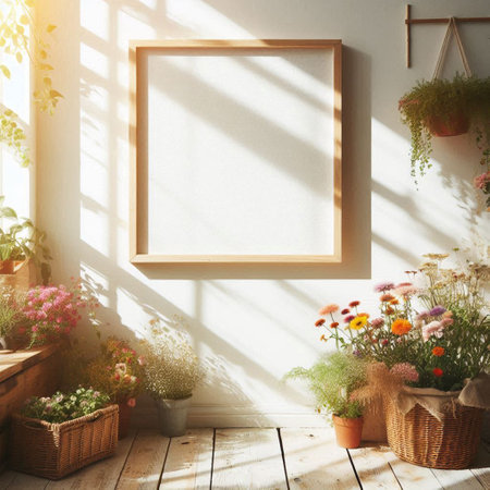 Blank frame mockup in interior with flowers. 3d renderingの写真素材