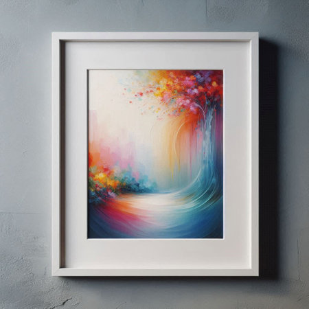 Modern abstract painting in a white frame on the grey wall background.