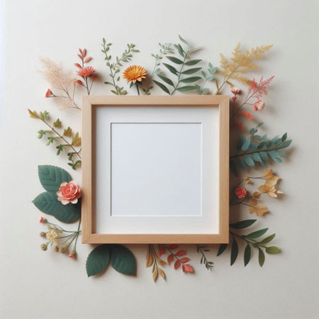 Wooden frame mockup with autumn leaves and flowers on white backgroundの写真素材
