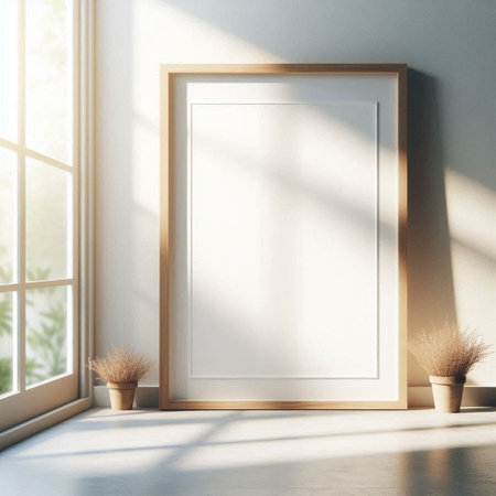 Empty frame in modern interior with white walls, concrete floor and window with sunlight. Mock up, 3D Renderingの写真素材