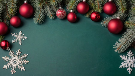 Christmas background with fir tree branches, snowflakes and red ballsの写真素材