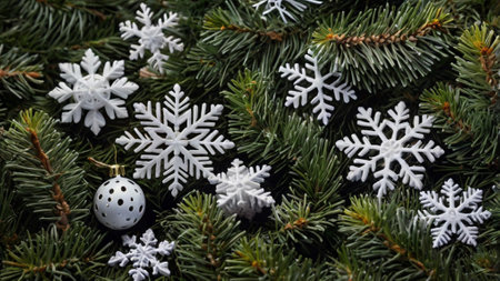 Christmas decoration with snowflakes on fir tree branches, close up