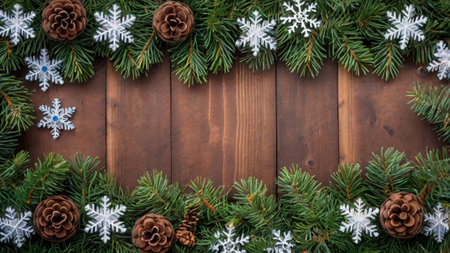 Christmas background with snowflakes and fir tree branches on wooden boardの写真素材