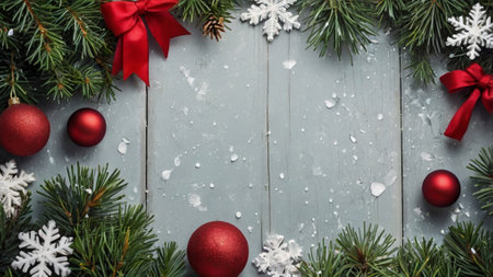 Christmas background with fir tree branches, snowflakes and red baubles on wooden board