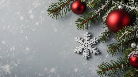 Christmas greeting card. Festive decoration on wooden background. New Year concept. Copy space. ...