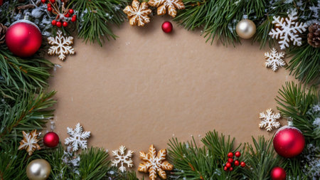 Christmas background with fir branches, red baubles and snowflakesの写真素材