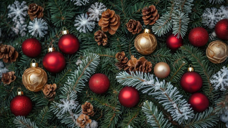 Christmas background with fir tree branches, red and golden balls and cones