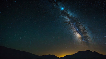 Milky way over the mountains at night. Long exposure photograph.