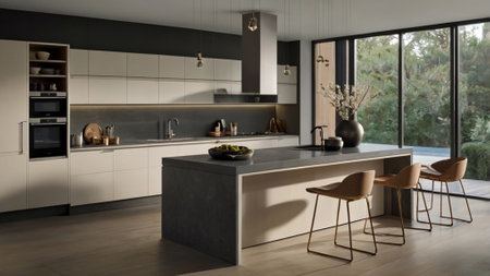 3d render of modern kitchen in a house with white walls and wooden floor