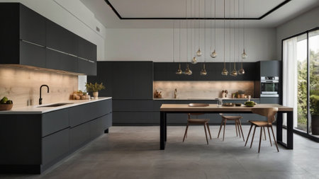 interior of modern kitchen with black walls, concrete floor, gray countertops and wooden cupboards