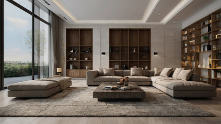Modern living room interior design 3d render. Living room in luxury house.