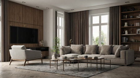 Interior of modern living room with wooden walls, carpeted floor, comfortable sofa and coffee table....