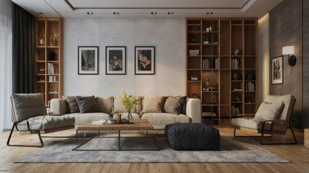 Living room interior with sofa, coffee table and bookshelf. 3d rendering