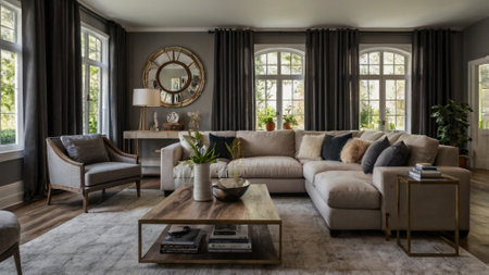 Luxury living room with sofa, coffee table and armchairs