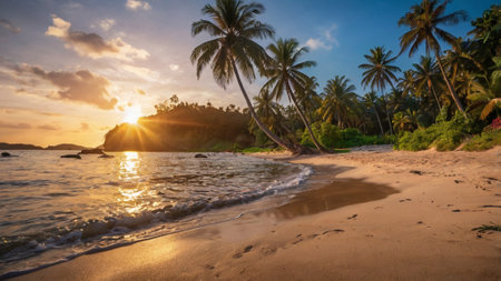 Tropical beach with palm trees at sunset, Seychellesの写真素材